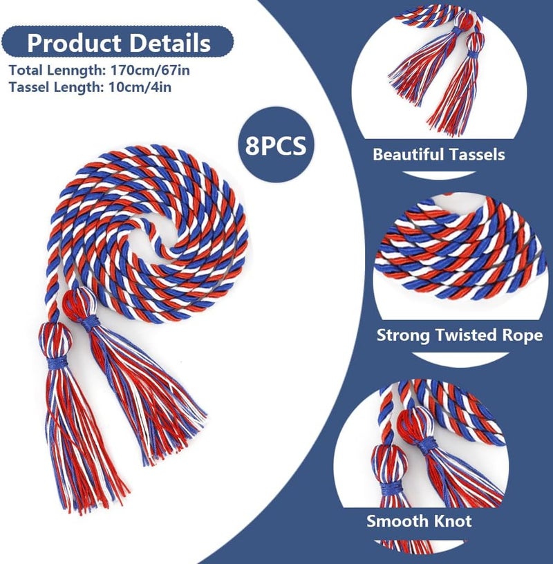 Cidenbio Graduation Cords Pack 8 PCS Honor Cords Ropes Red White and Blue Grad Cord 67" Long Braided Cord with Tassels Grad Accessories for Bachelor Master Honor Ropes for Graduation Decorations Bachelor Gown - Image 2